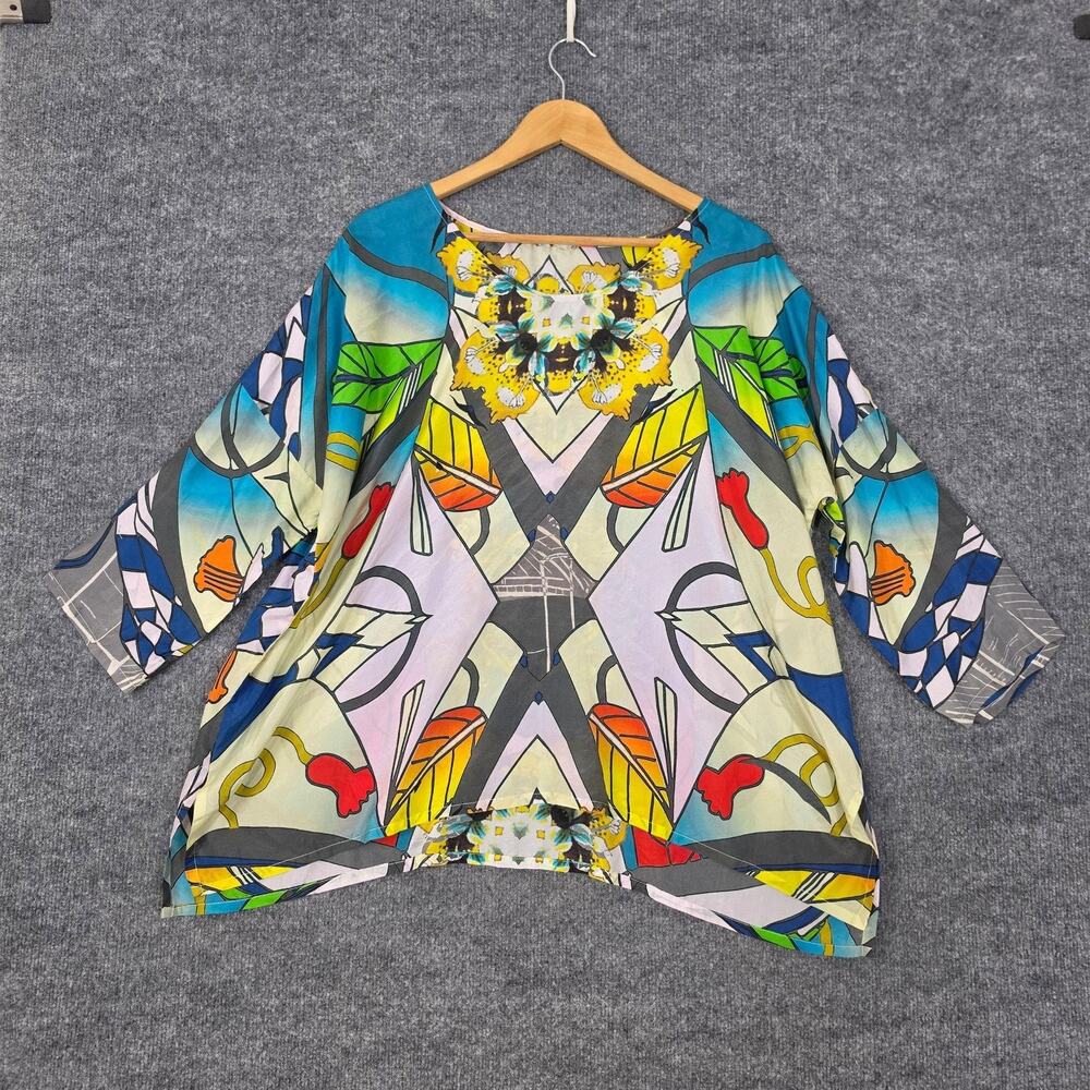 Johnny Was Blouse XL Silk Geometric Dolman Tunic Multicolor Boho Artsy Resort